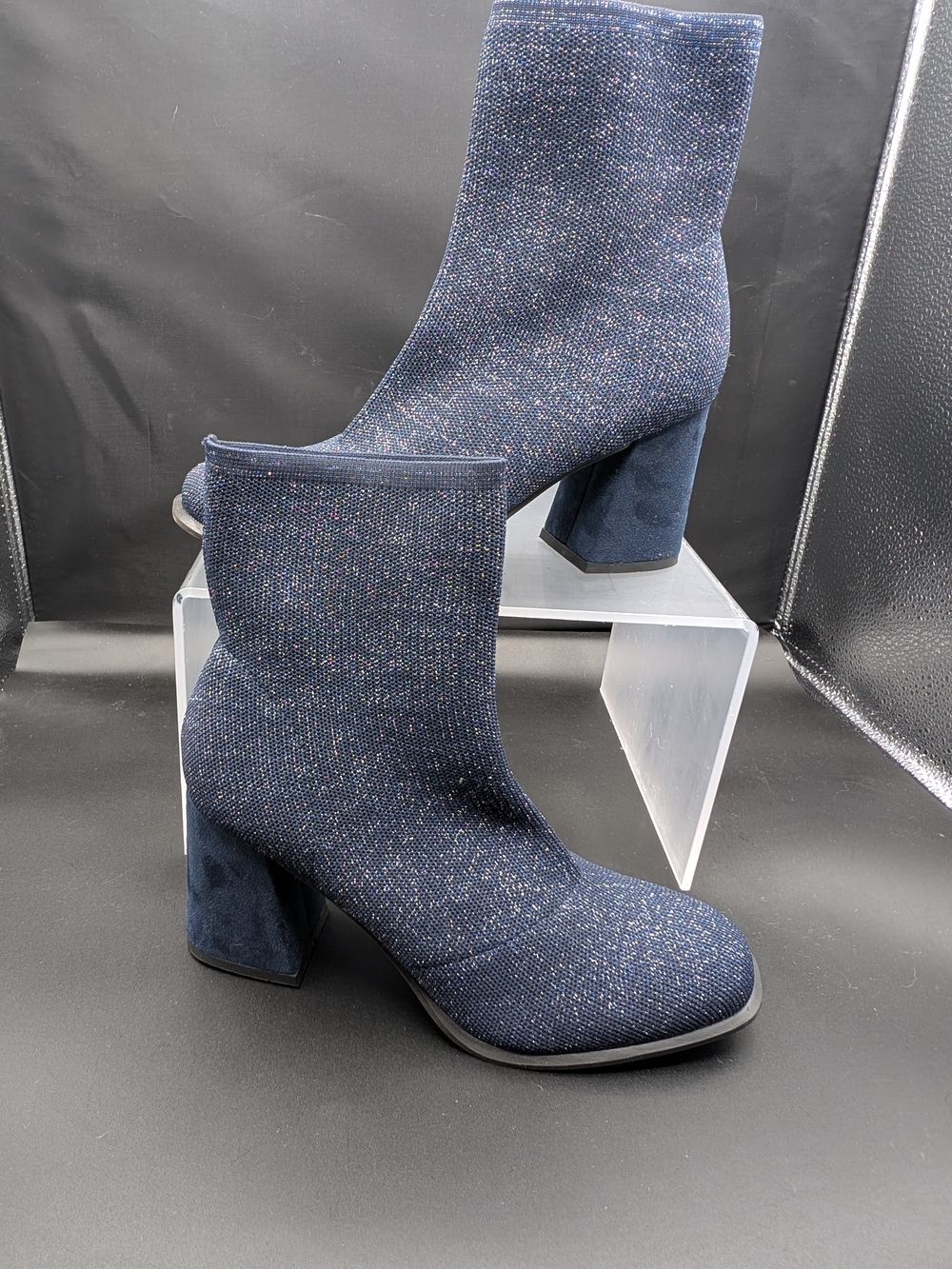 MIA Navy Sparkle Stretch Sock Bootie with Block Heel